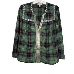 J.Crew Women’s Embroidered Peasant Top Green Plaid Sz 0